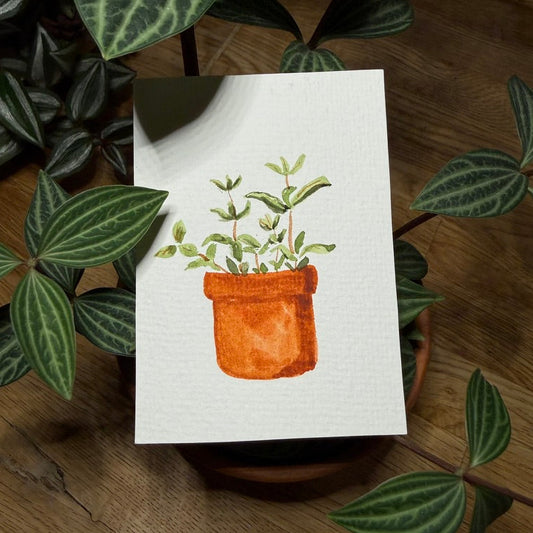 Card with a potted plant illustration surrounded by real plants on a wooden surface